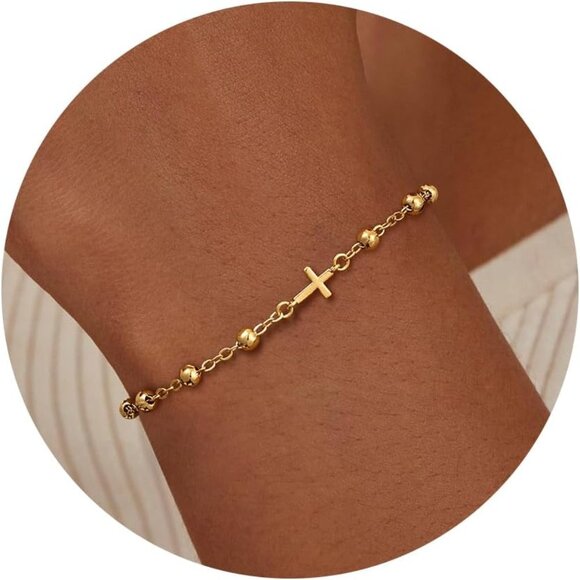 14K Gold Plated Cross Bracelet for Women Dainty Adjustable Religious Jewelry - Picture 1 of 9